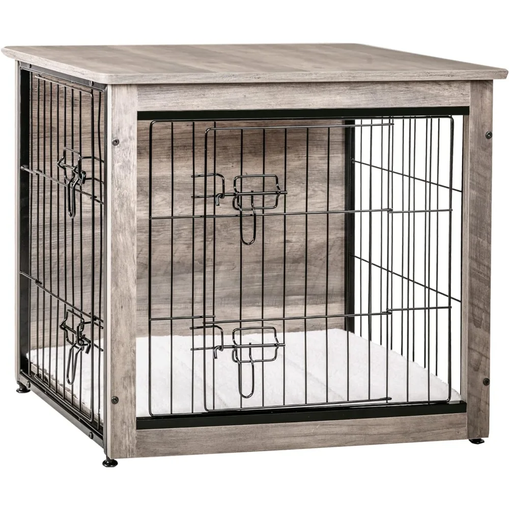 

Dog Crate Furniture with Cushion, Wooden Dog Crate with Double Doors Dog Kennel Indoor End Table, Small, 27.2" L, Greige