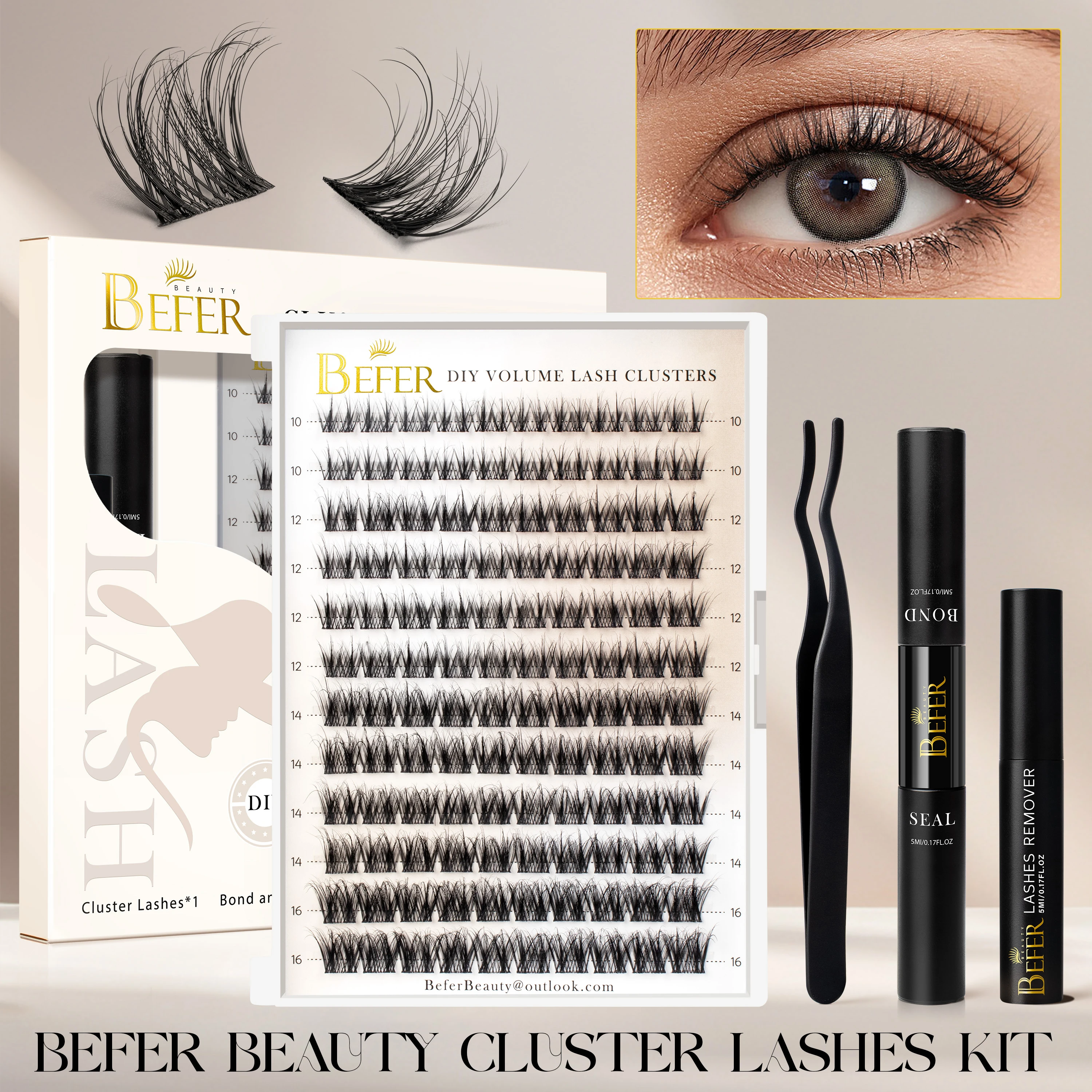 Befer Lash Clusters Kit False Eyelashes Set 3D Natural Lashes D Curl DIY Eyelash Extension Kit with Bond & Seal Remover Tweezers