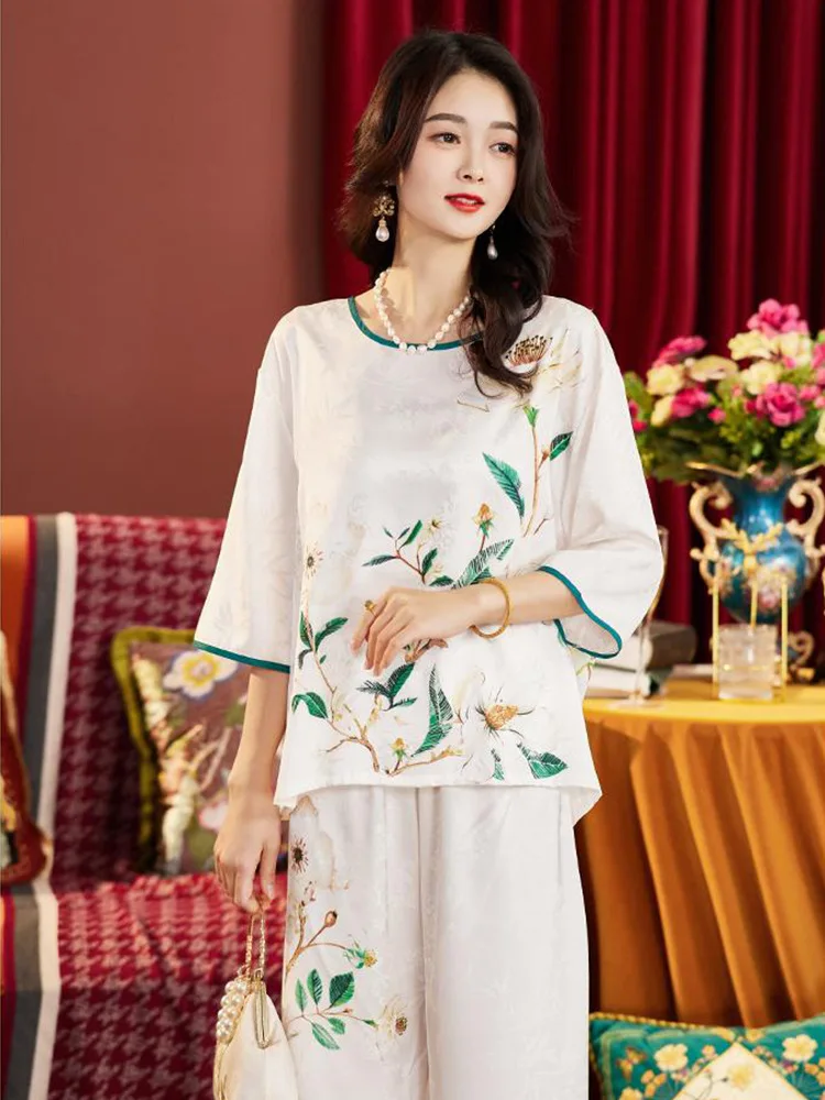 

Новинка 2023 г., модель Shanghai Story на весну, осень, лето, Женский комплект из искусственного шелка с принтом для мам, свободный крой, верхняя одежда