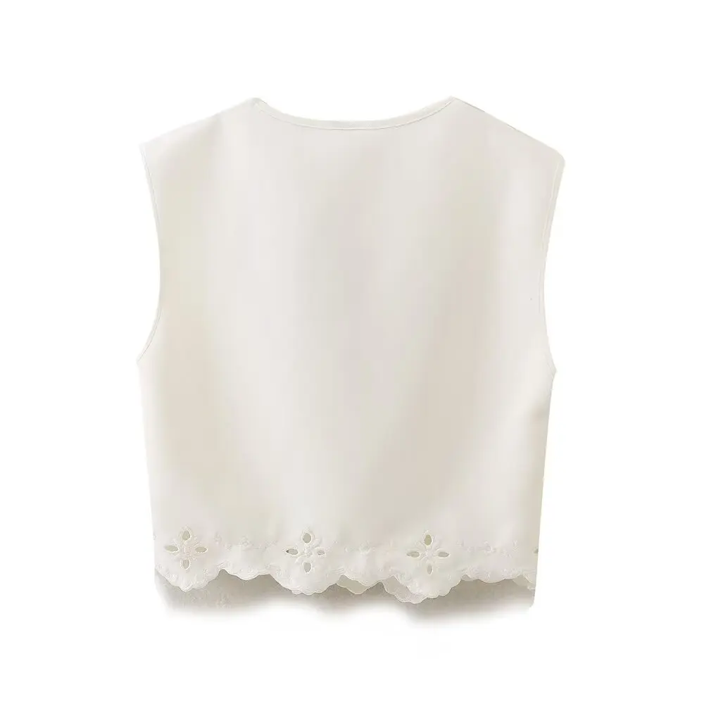 Tangada 2024 Women White Embroidery Knitted Tanks Tops Square Collar Crop Camis 6H0209