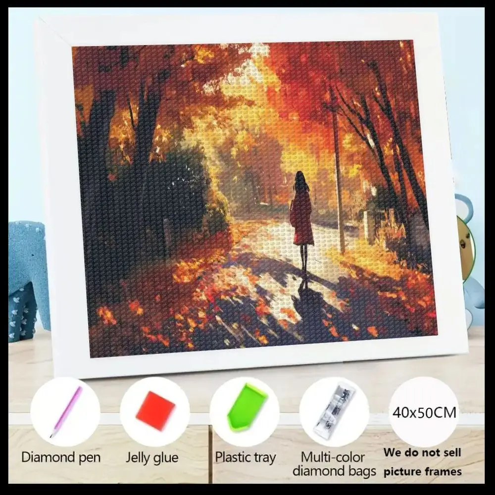 

Набор для алмазной вышивки 5D DIY 40x50 см: Осенняя сцена с человеком в красной куртке на дереве – Дорожка в тумане, включая розовые стразы