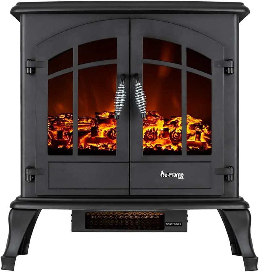 

E-Flame-Freestanding Fireplace, Stove Heater, Realistic 3-D Log, Fire Effect, Black, USA Jasper