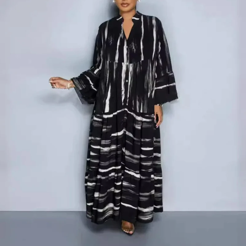 Women's Printed V-neck Maxi Dress Casual Long Sleeve Loose Long Dresses Daily Walking Streetwear Vestidos