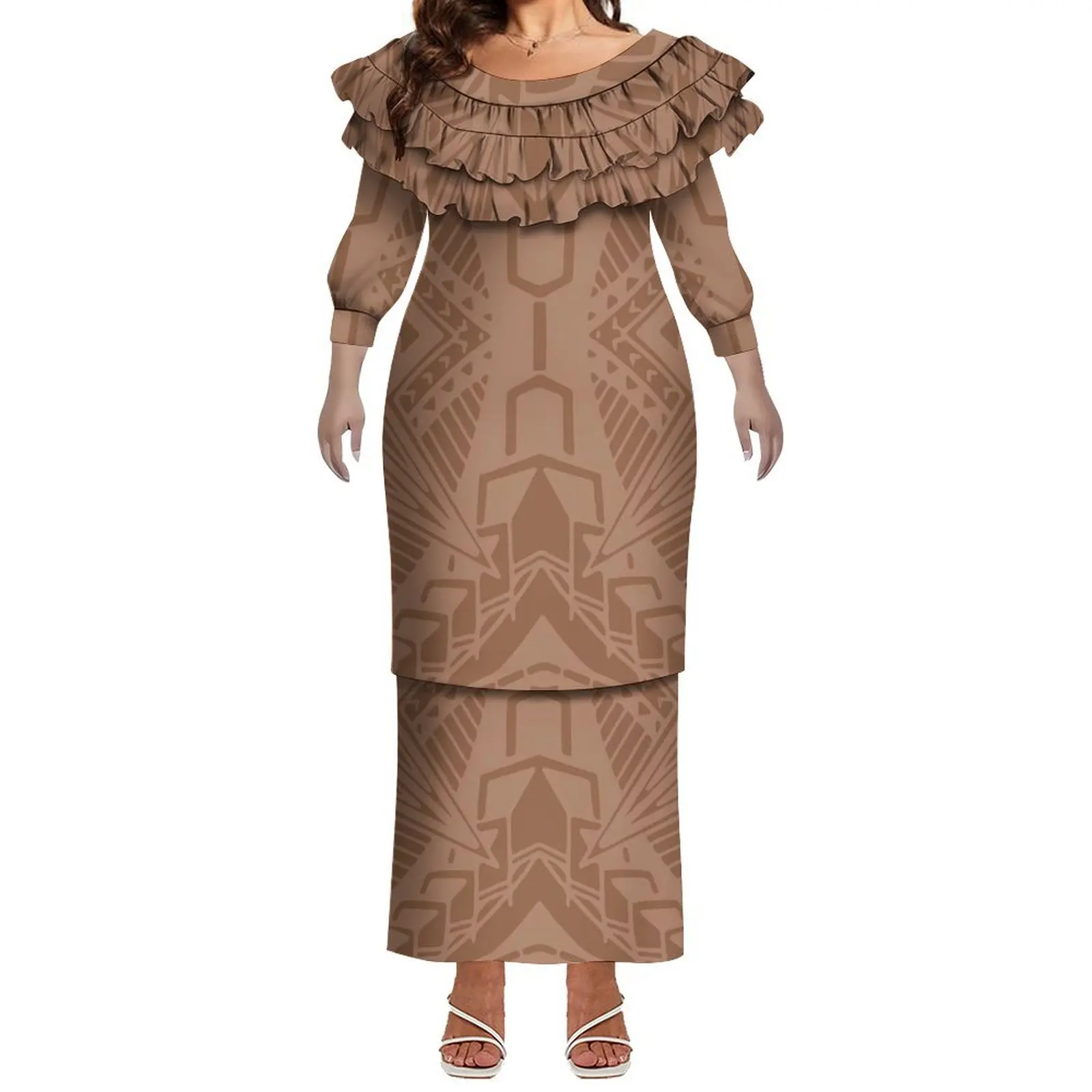 Novo atacado personalizado tripulação pescoço vestido de manga longa tonga samoan puletasi vestido senhoras dupla camada folho vestido casual duas peças