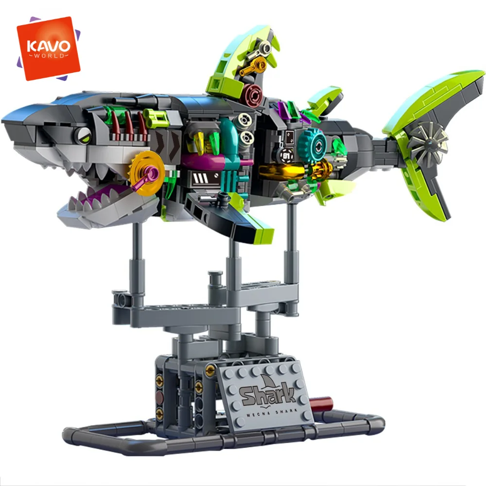 

KAVOWORLD Mechanical Shark Building Set 747pcs Luminous Movable Ocean Animal Building Blocks Sea Creature Toy For Desktop Gifts