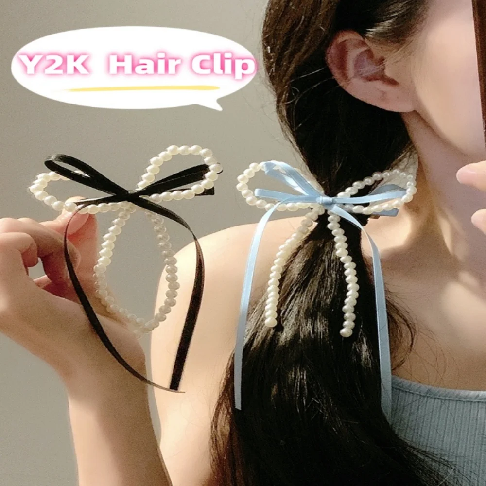 

1 Pair Pearl Bowknot Hair Clips Women Bows Tassel Barrettes Sweet Girls Ribbon Hairpins Side Clip Duckbill Clip Hair Accessories