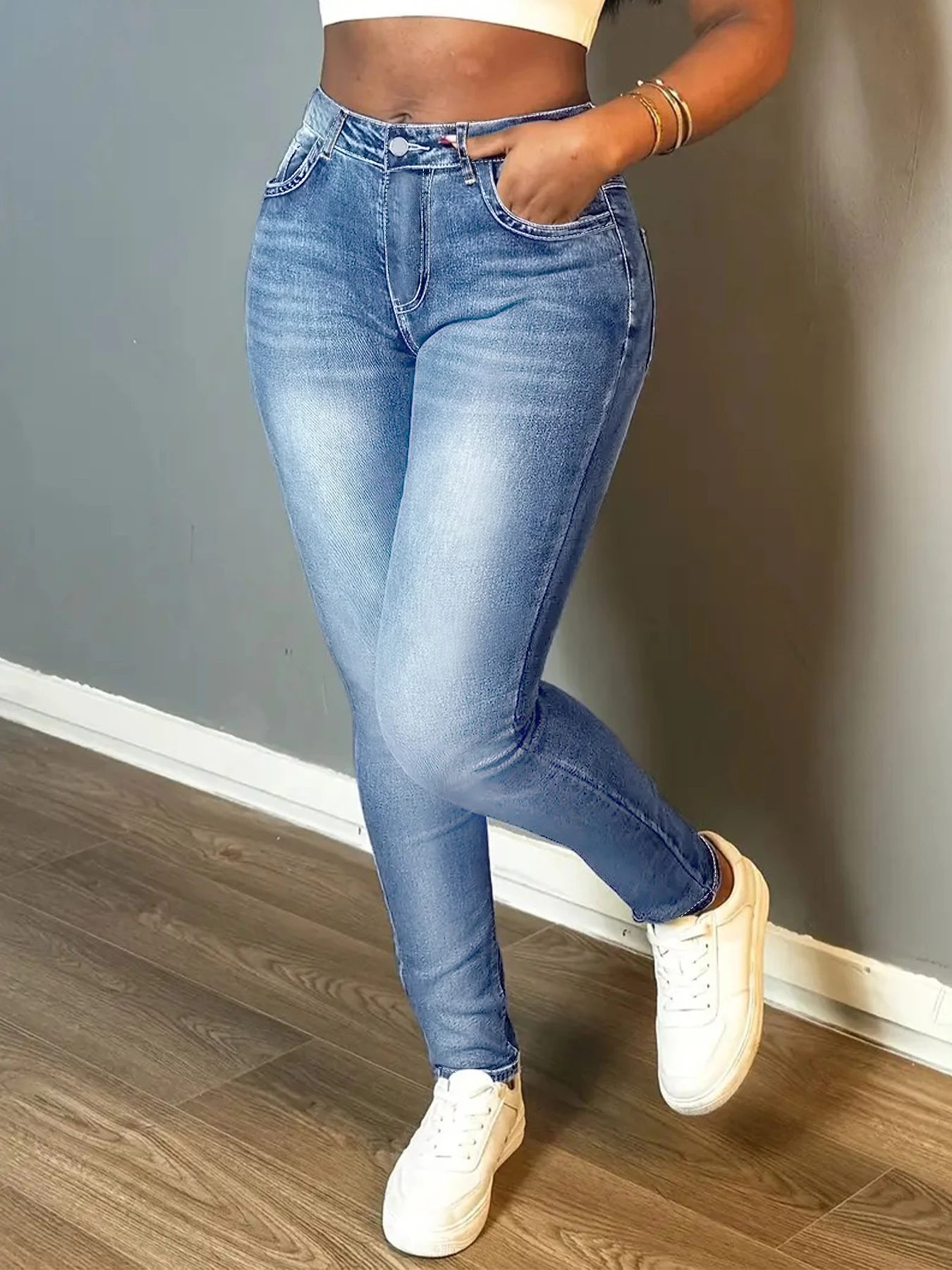 

Женские джинсы больших размеров с высокой талией, голубые облегающие брюки до щиколотки, подходящие для работы в кампусе и уличного стиля