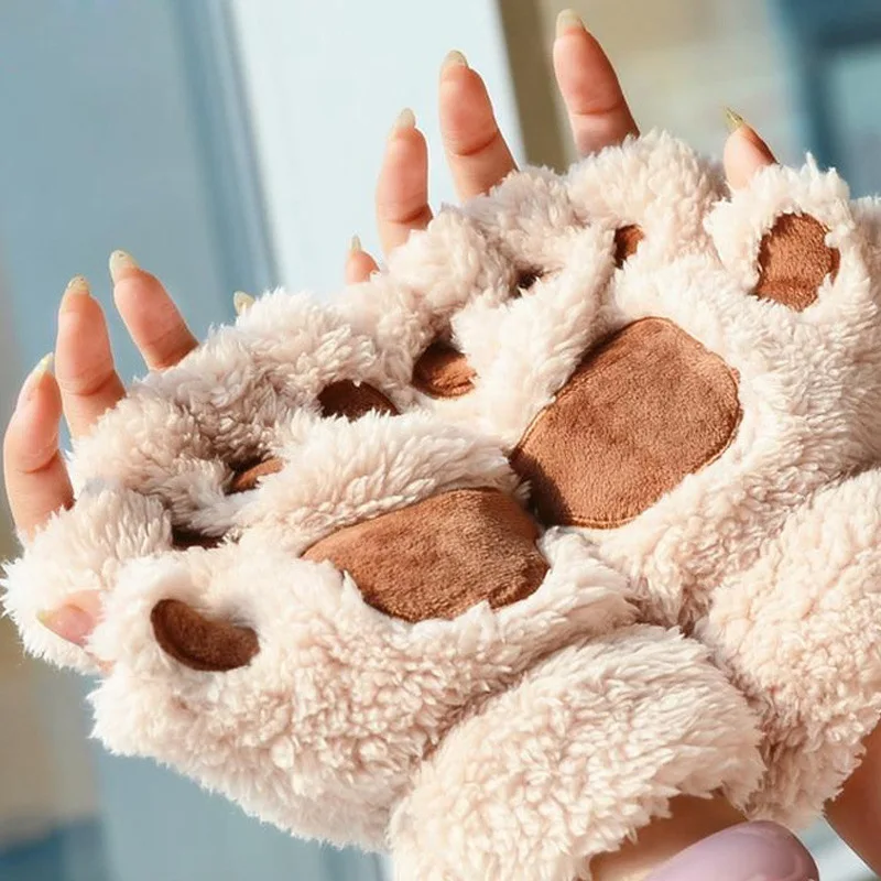 

Plush Mittens Warm Soft Plush Short Fingerless Half Finger Winter Gloves Kawaii Women Cat Gloves Fashion Girls Cat Claw Paw