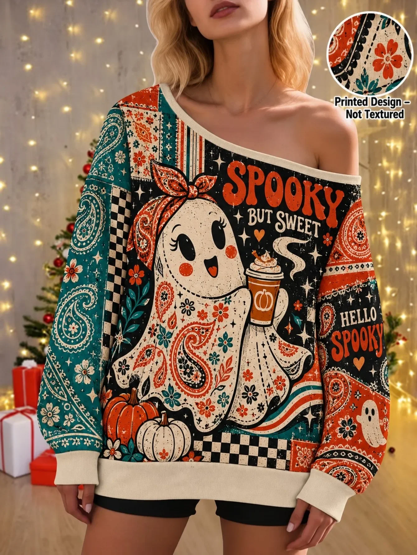 Xmas Wine Cup Cranberry Orange Slice Bow Snowflake Golden Ribbon Print Women Casual Sweatshirt