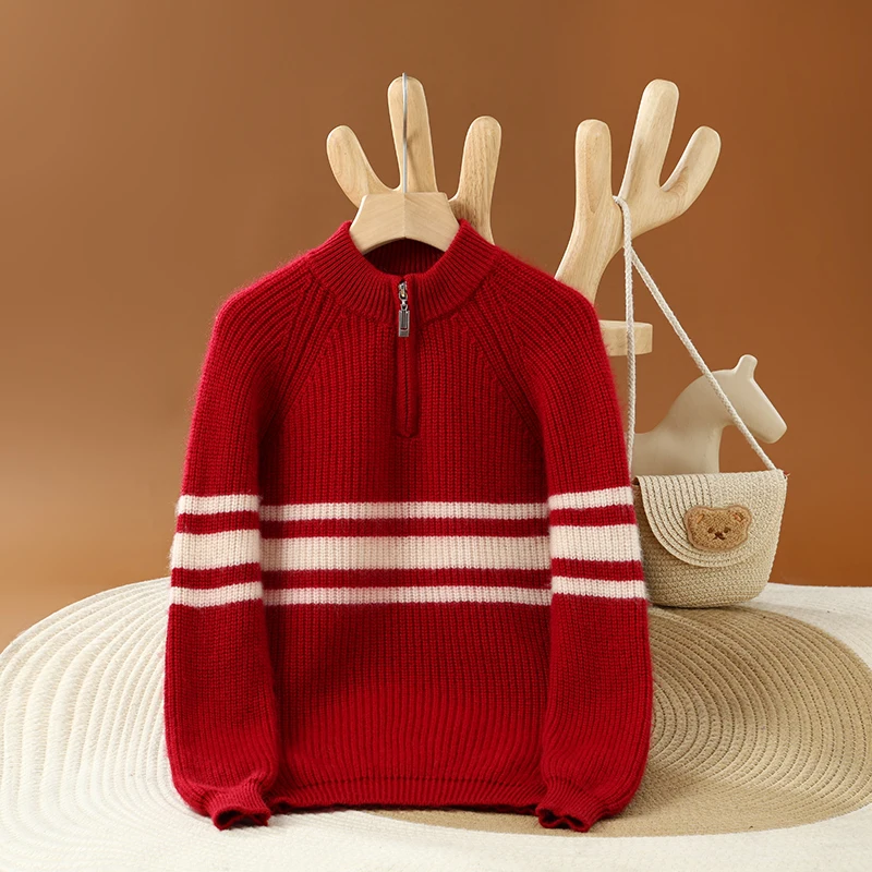 

Children's Autumn Winter 100% Merino Wool Half-Zip Pullover Long-Sleeve Thick Sweater New Style Fashionable Loose Warm Cashmere