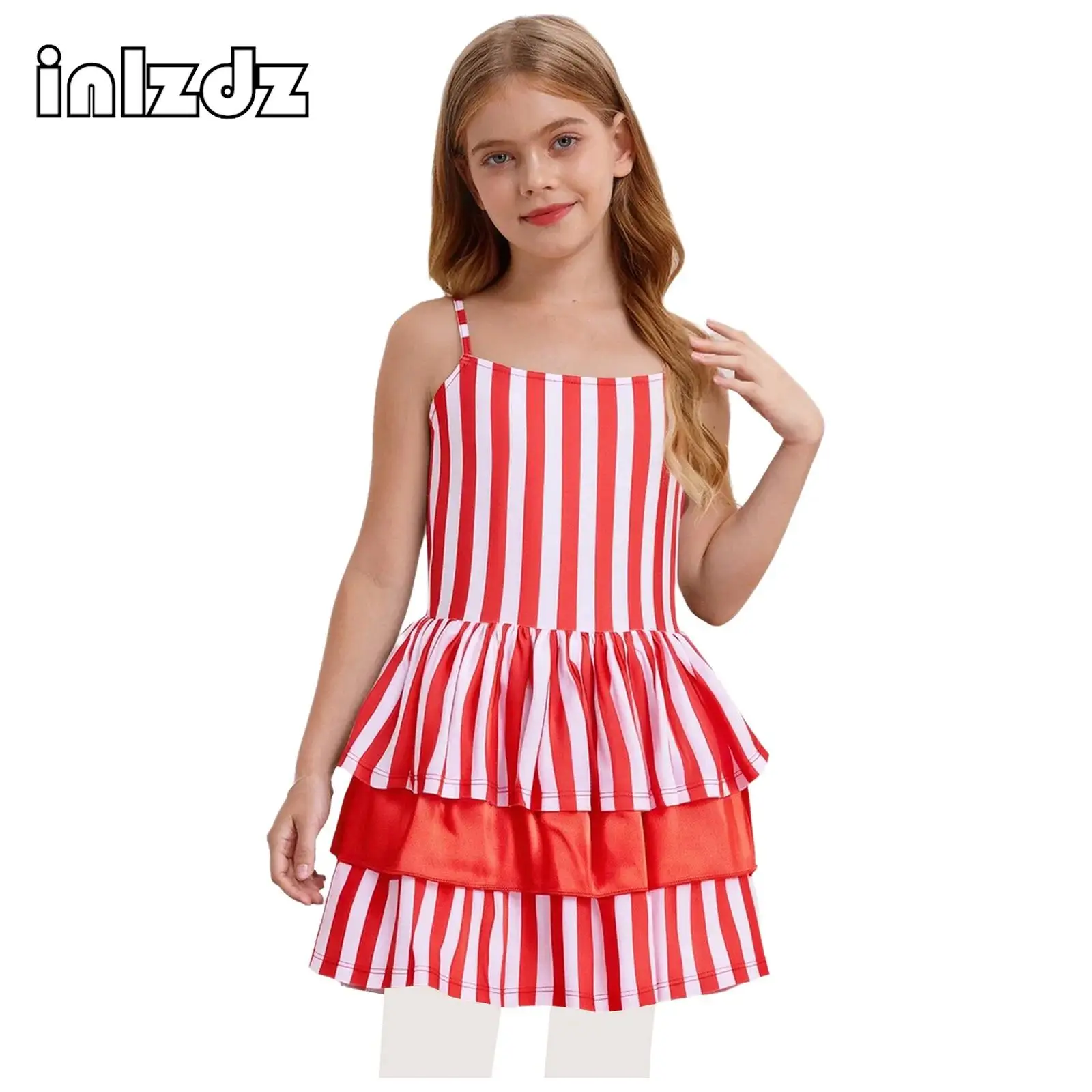 

Костюм клоуна для девочек в полоску, платье на бретельках с бантом, многослойные рюши, пышный подол, встроенные трусы, юбка для фестиваля, косплея, вечеринки