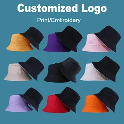 Customized Logo Print Reversible Cotton Bucket Hat Two Side Wear Unisex Hip Hop Gorros Men Women Panama Cap Beach Fishing Sunhat