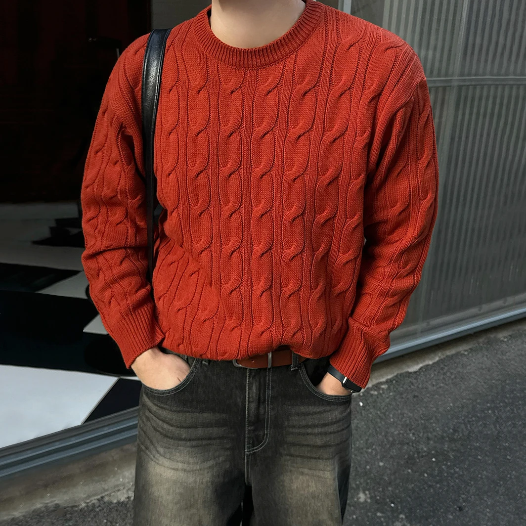 

Men's Cable Knit Round Neck Sweater - Orange Red Autumn/Winter Korean Style Casual Commuter Pullover