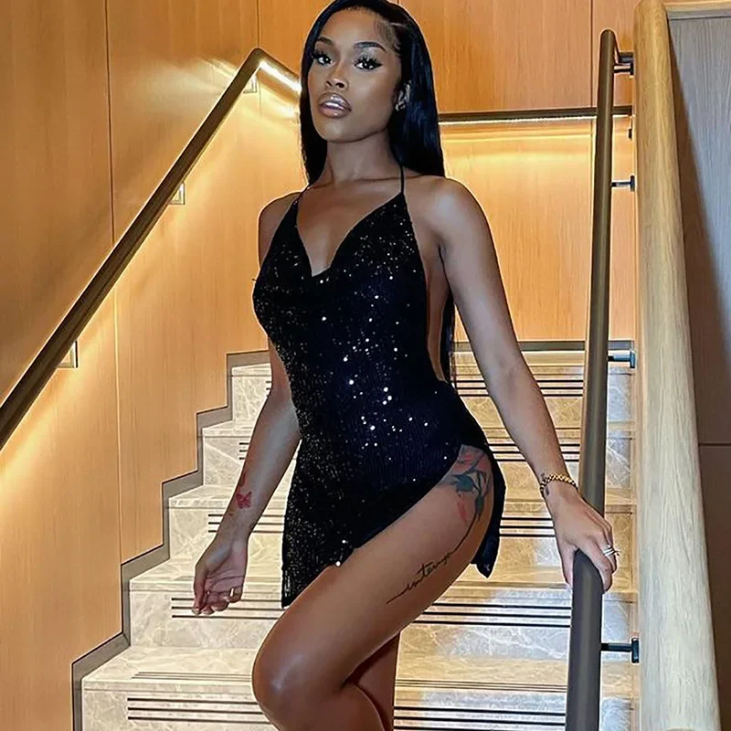 Moroder nieuwe Europese en Amerikaanse streetstyle sexy backless uitgesneden halterhals figuurflatterende korte jurk