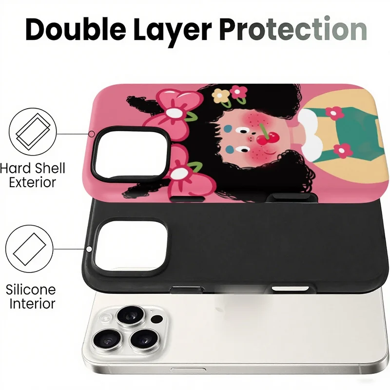 Cartoon Girl Pink Background Kawaii Style Cute Illustration Dual-Layer Hybrid Phone Case for iPhone 12-17 Series - view 2