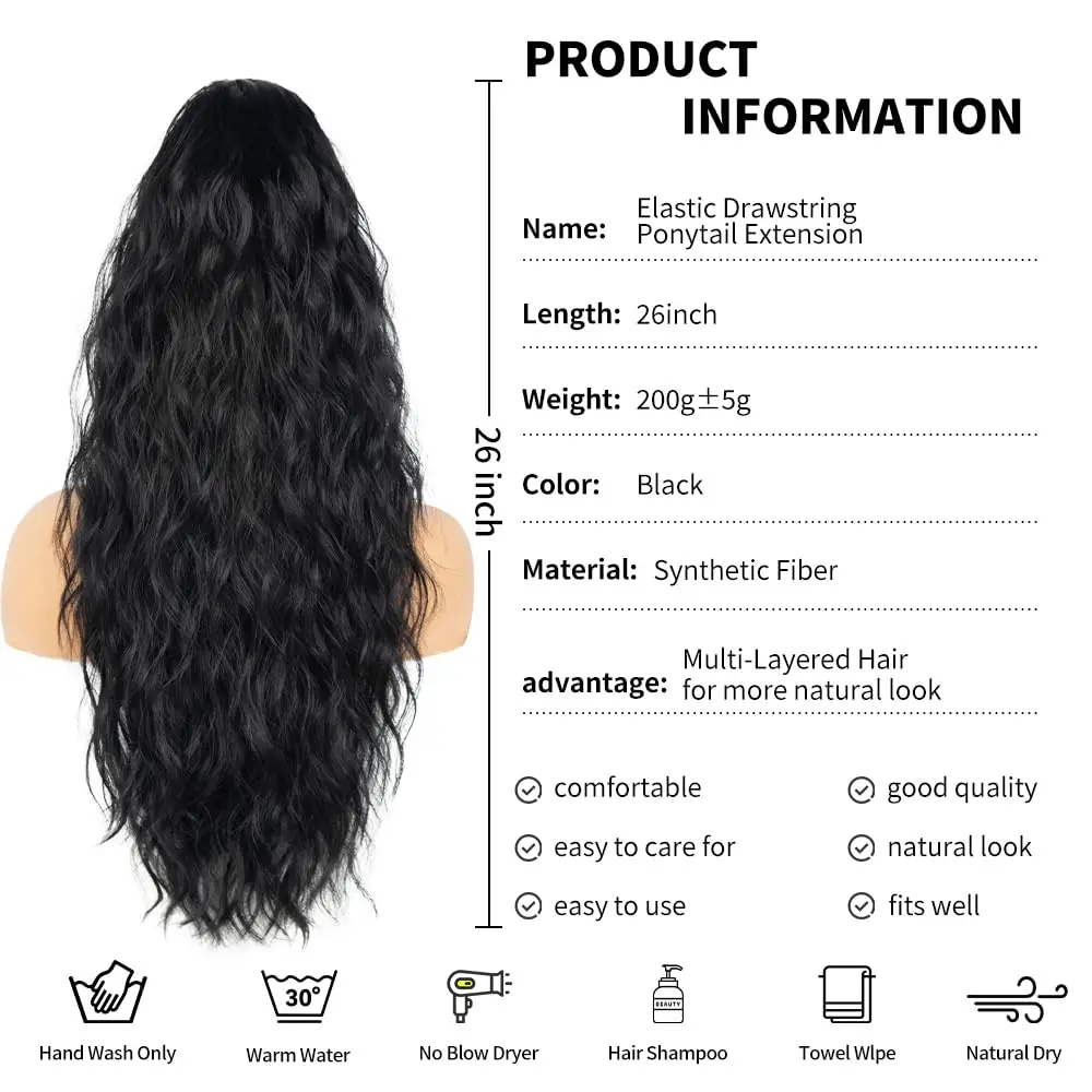 26 inch Black Ponytail Extension, Drawstring Ponytail for Women, Long Wavy Pony Tails Hair Extensions, Synthetic Hair Extensions