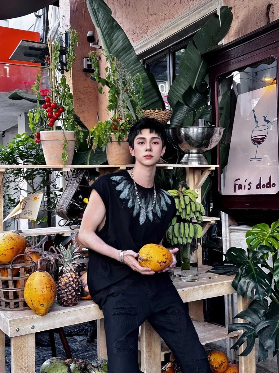 

American Retro Oversize Loose oulder Feather Wing Print Tank Top ex Svel T-irt Youth Summer Casual round Ne