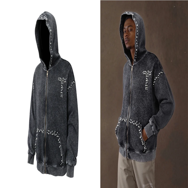 

Толстовка на молнии из тяжелой ткани с вышивкой из бисера и бриллиантами для мужчин и женщин, высокое качество, повседневная свободная уличная одежда, пуловеры с капюшоном, куртка