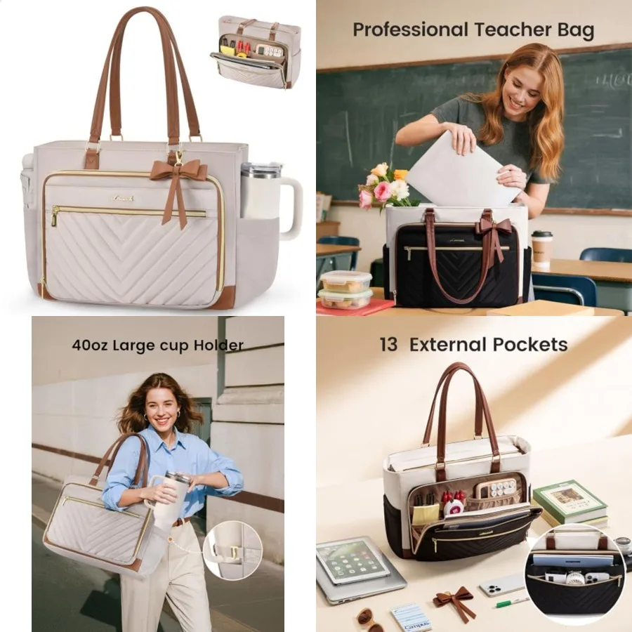 

Laptop Teacher Tote Bag for Women, Work Nurse Bag with Large Cup Holder, Quilted Diaper Bag for Travel, Computer Women's handba