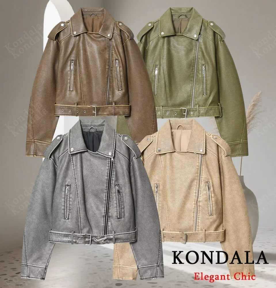 

KONDALA Autumn Women Leather Jacket Motorcycle Girls Waist Belt Zipper PU Leather Jacket 2025 Fall Winter Lady Street Outwear