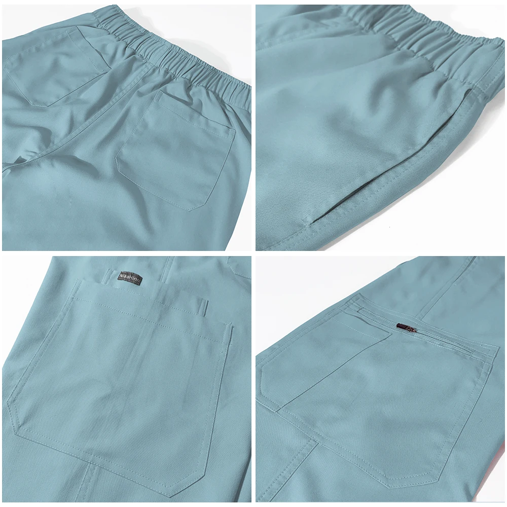 고급 신축성 허리밴드 병원 바지 간호사 스크럽 바지 애완동물 미용 작업 바지 드로스트링 스트레이트 레그 치과 수술 바지