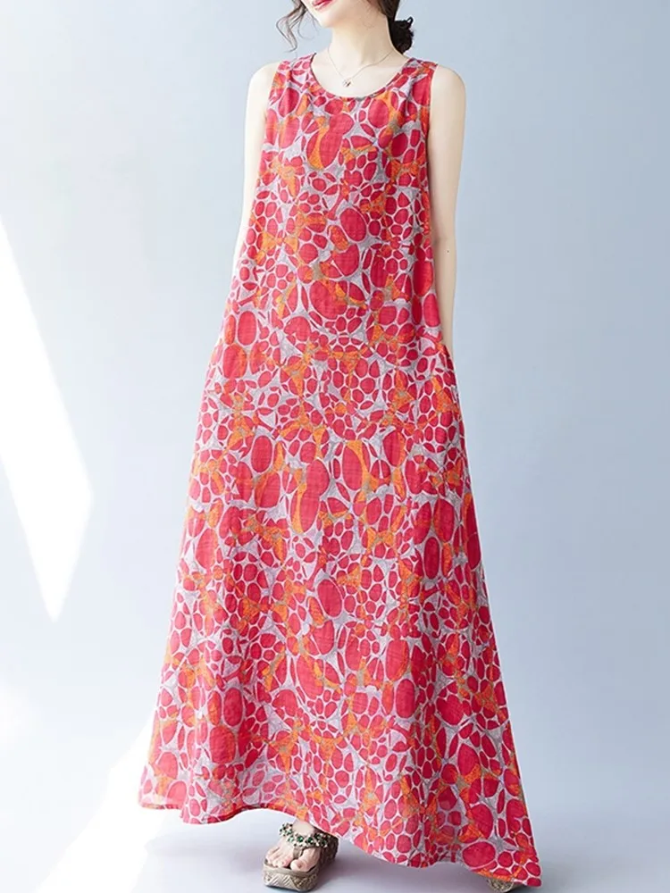 فساتين قطنية عتيقة بدون أكمام كبيرة الحجم جديدة في الفساتين للنساء فستان صيفي طويل فضفاض غير رسمي ملابس أنيقة 2025 #4