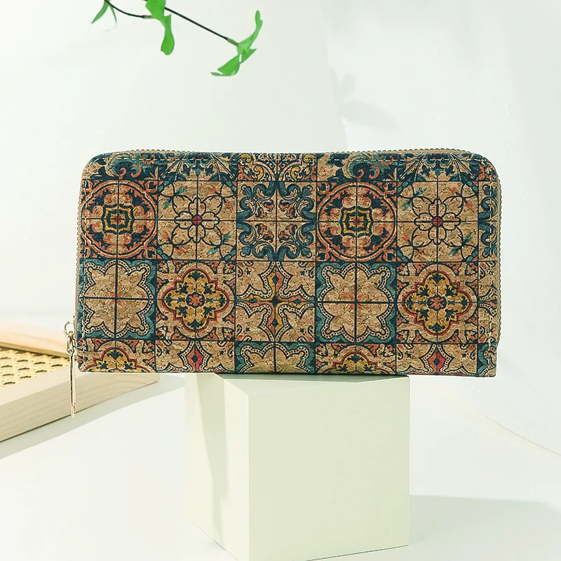 8pcs-wallet-for-women-cork-leather-rose-grid-printing-multifunctional-phone-long-card-holder