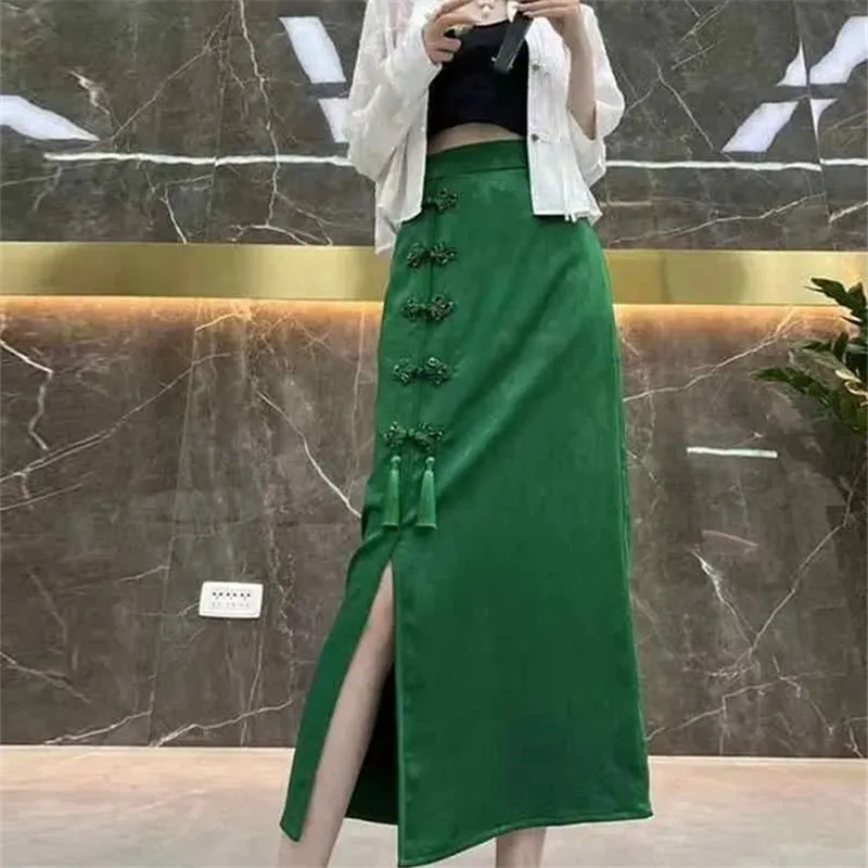 Jupe mi-longue vintage de style chinois pour femmes, mode printemps été, jupes élégantes, taille haute, fente latérale, vêtements pour femmes, vert,