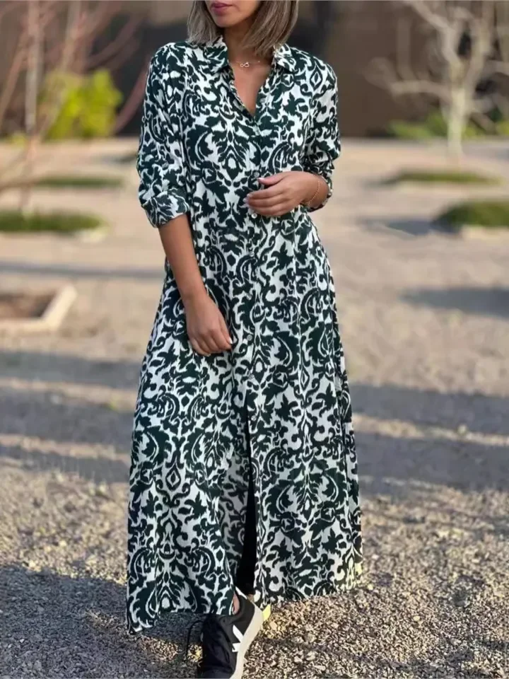 Abito camicia con stampa di moda per donna Abiti casual a maniche lunghe con bottoni Abiti larghi Robe Femme Boho Gonna da vacanza Abbigliamento donna Primavera