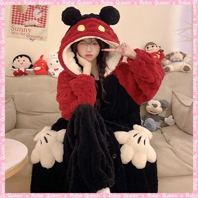 

Miniso Mickey Cartoon Pajamas Coral Fleece Warm And Cute Hooded Nightgown Flannel Casual Home Suit Set Birthday Gift