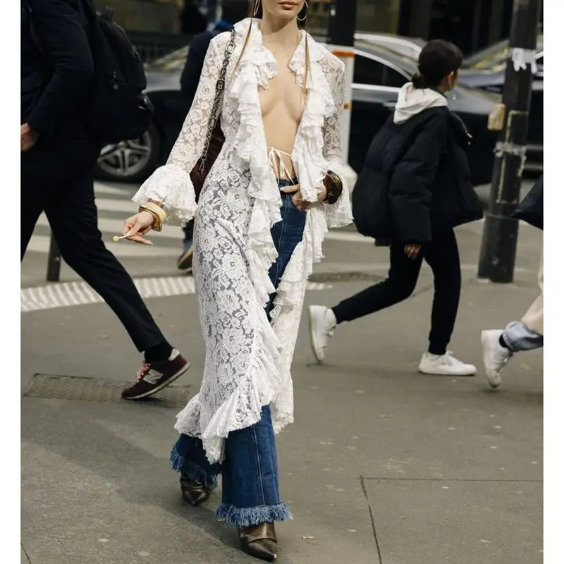Women Floral Lace Mesh Flowy Maxi Top Tie Front Dimono Cardigan Sheer Long Sleeve Ruffled Duster Layer Shirt Cover Up