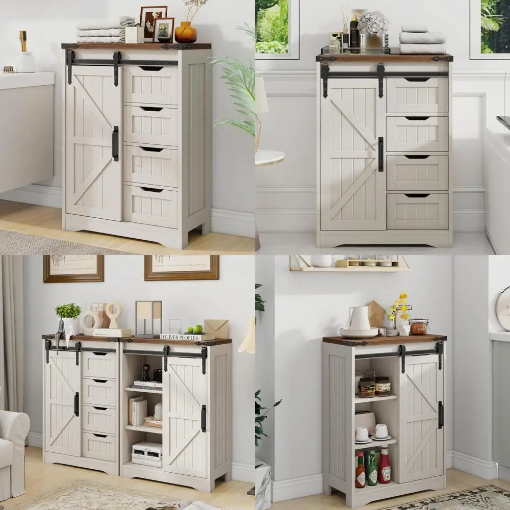 

Rustic 4-Drawer Farmhouse Bathroom Storage Cabinet with Sliding Door