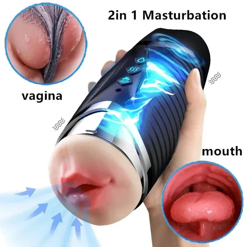 Automatische Mannelijke Masturbatie Penis Trainer Elektrische Klem Realistische Vagina Mond Pijpen Dual Channel Masturbatie Cup Seksspeeltjes