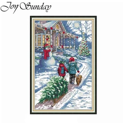 Joy Sunday Christmas Snow Scene Patterns Stamped Cross Stitch Kits 11/14/16CT Gift Crafts Embroidery Needlework Sets Home Decor