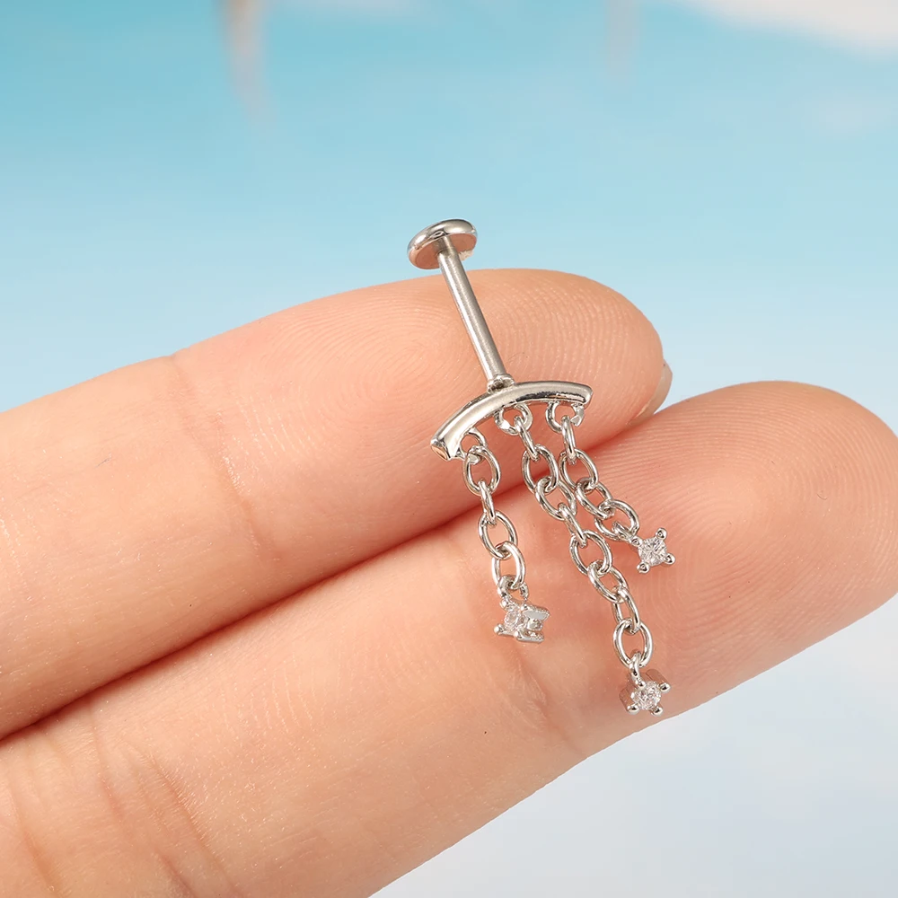 1 Stück/Set 316L Stahl Innengewinde-Ohrstecker mit Kupfer-Dreifachkette und Zirkonia-Anhänger, Helix-Lippenpiercing, Unisex, Trendig – Detail 9