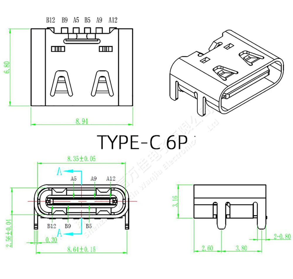 10 قطعة نوع C 6 دبوس أنثى SMT موصل مقبس جاك USB 3.1 نوع-C مصلحة الارصاد الجوية DIP 4 لتصميم PCB لتقوم بها بنفسك شحن المقبس