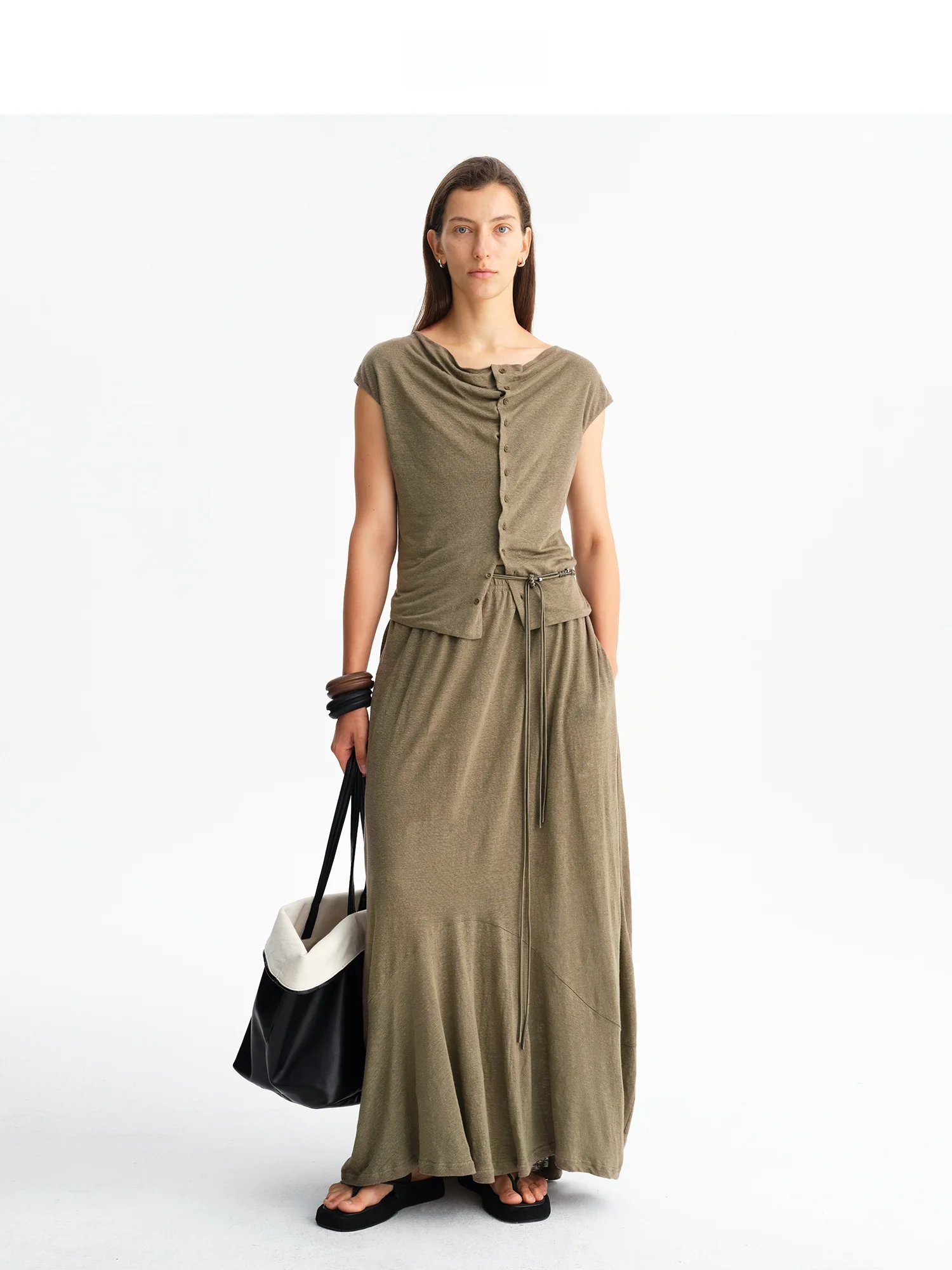 Natural Linen Vintage Collar Open Cardigan Vest Minimalist Skirt Set Women's Fashion Spring Collection Button Closure Short S...