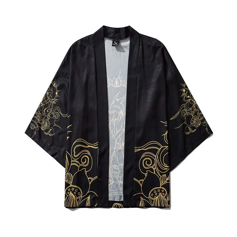 Samurai Asian Clothing Japanese Style Buddhist Lotus Fox Print Traditional Kimono Men Yukata Cardigan Black Cosplay Haori