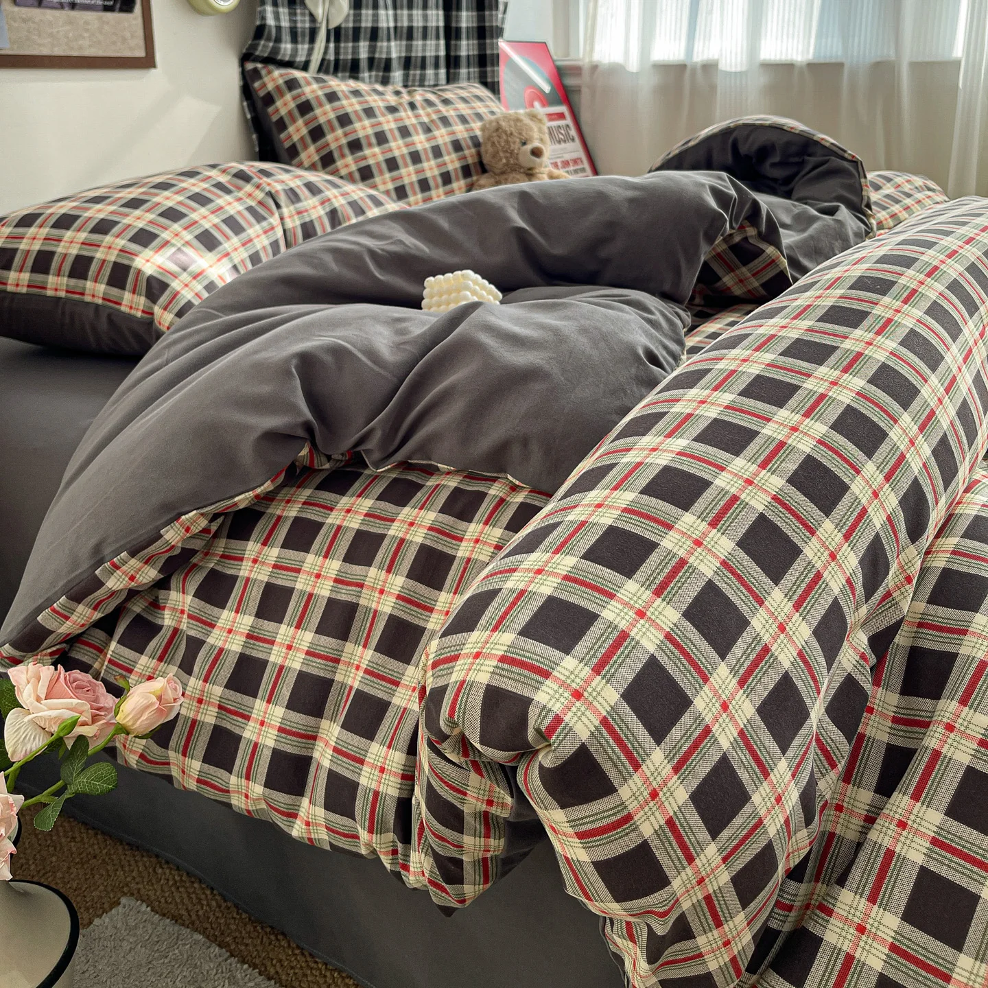 3pcs dark gray plaid Duvet Cover Set (1*Duvet Cover + 2*Pillowcase, Without Core),classic plaid Bedding Set