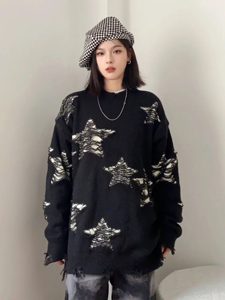 ADAgirl Star Hollow Out Sweater Women Autumn Winter Oversized Streetwear Harajuku Pullover Punk Grunge Goth Hip Hop Tops Clothes