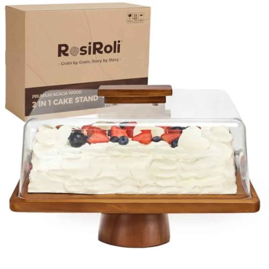 

Acacia Wood Cake Stand with Lid 2-in-1 Rectangular Charcuterie Board and Dessert Display Shatterproof Acrylic Dome Cover for Fr