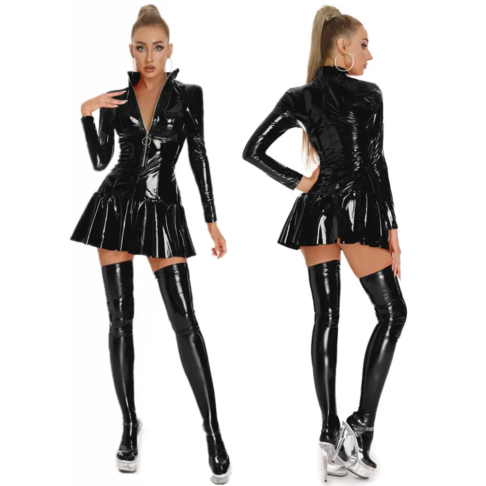 Women Sexy Glossy Pvc Leather Umbrella Dress Plus Size Shiny Latex Pleated Short Skirt Hot Porn Zipper Open Breast Exposing