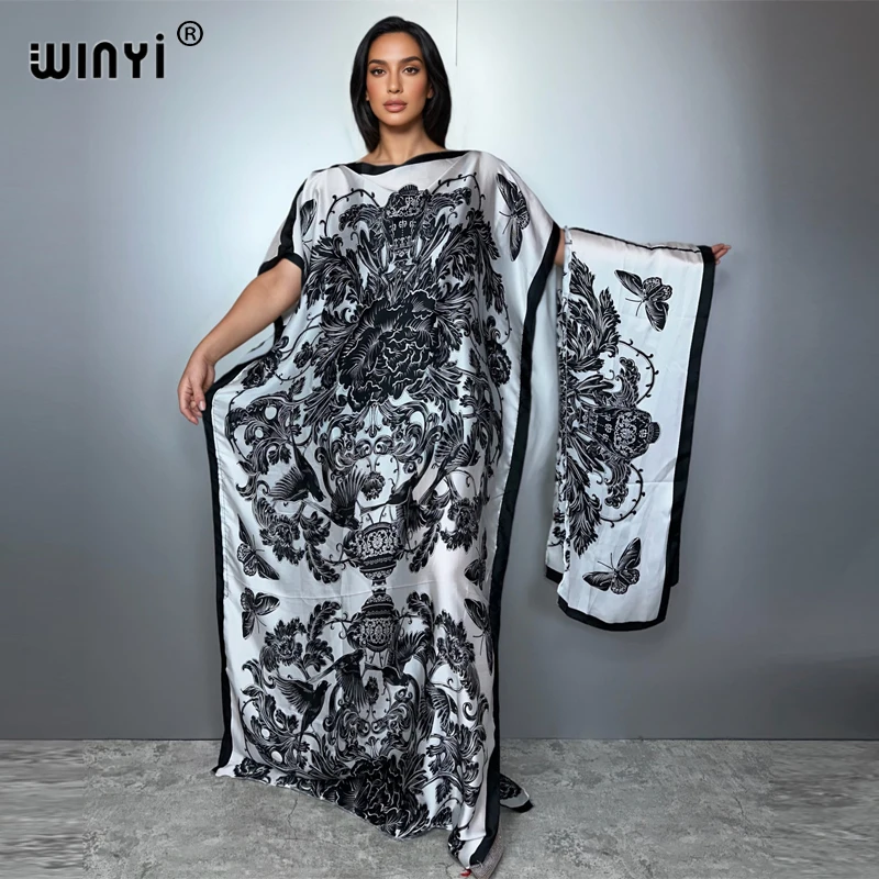 

WINYI muslim african dresses for woman dubai abaya Crew Neck Wave dot print Kaftan Dress, Elegant Maxi Length Dress, maxi dress