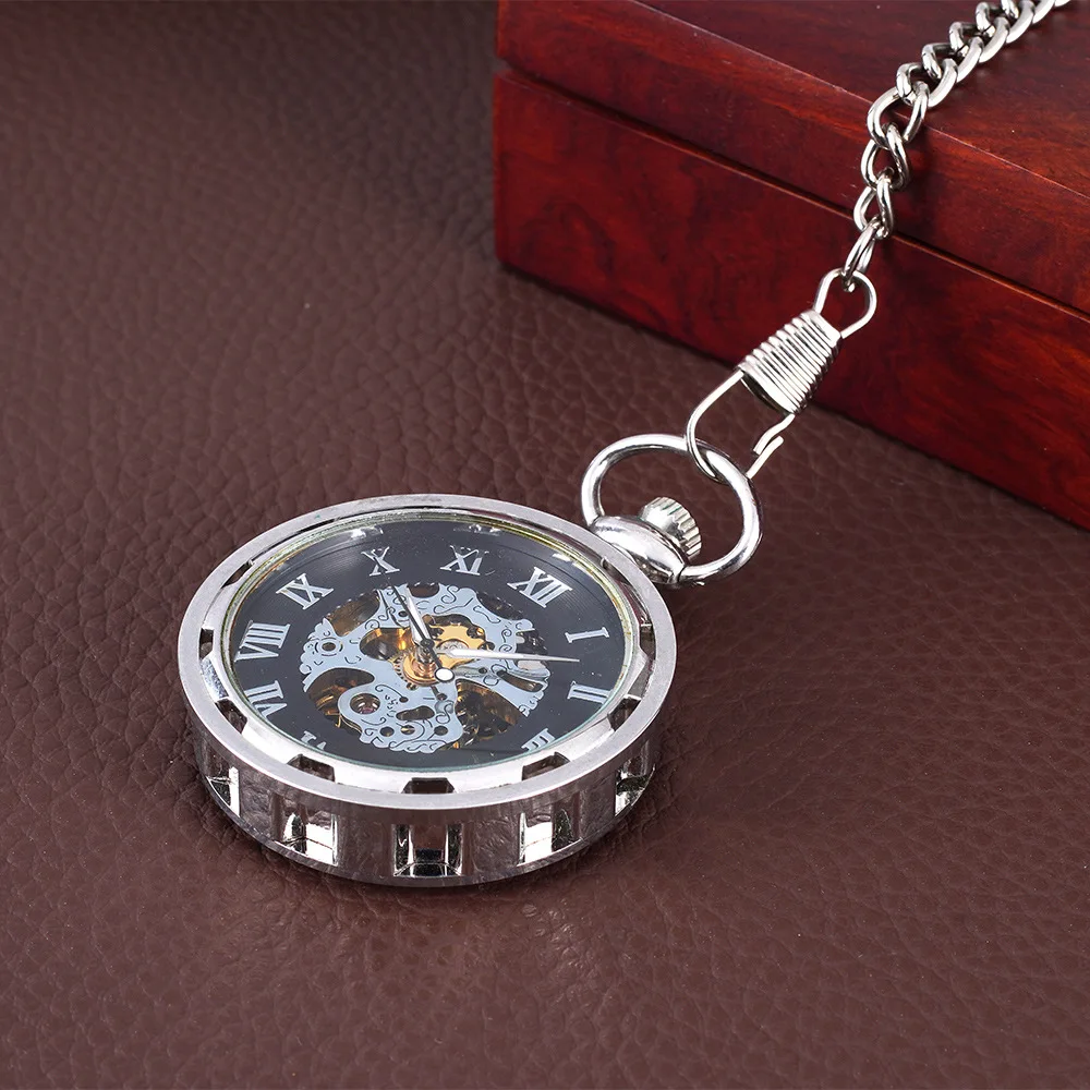 Reloj de bolsillo mecánico redondo de lujo para hombres y mujeres, esfera de números romanos transparentes, cadena Fob negra, reloj colgante para colección
