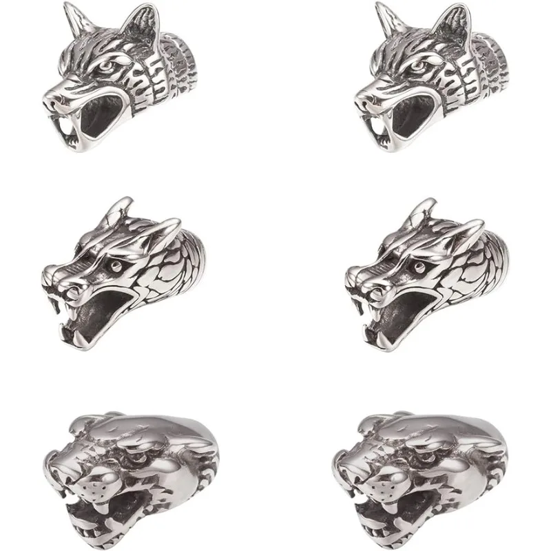 

Wolf/Dragon/Panther Cord End 6Pcs Antique Silver Animal Head End Caps Leather Bracelet Cord End 5.5-8mm Hole Cord Terminators Je