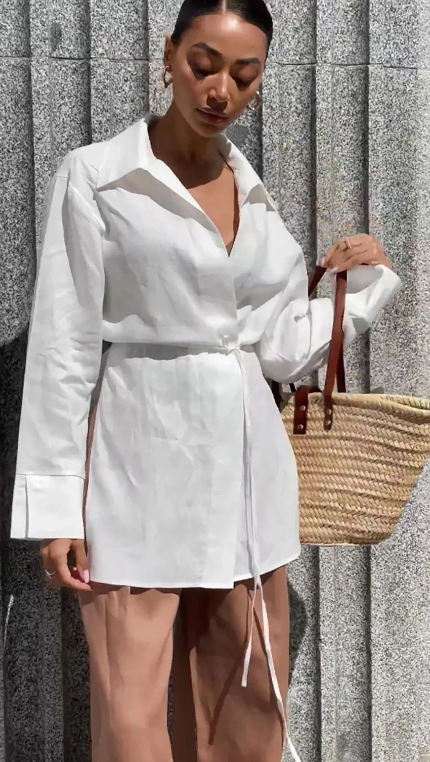 White Cotton Linen Shirts Women Wrap Lace-Up Lapel Casual Elegant Blouses Office Ladies Sunwear 2024 Long Sleeve Top