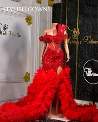 New 2025 Red Diamonds Prom Dresses High Slit Sparkly Beads Sequin Gowns For Black Girls Ruffles Gala Wedding Gowns Customized