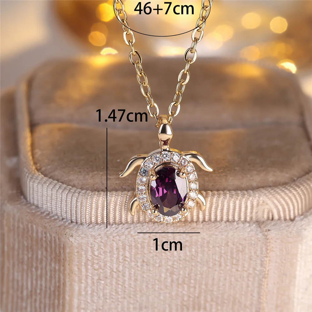 Female Crystal Purple Zircon Stone Cute Turtle Pendant Necklace Vintage Gold Color Wedding Jewelry For Women