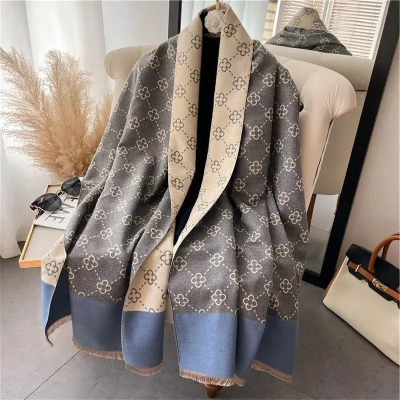 New trendy and warm cashmere cape shawl scarf with luxurious printed thick Pashmina winter blanket wrapped in Bufanda casual hea