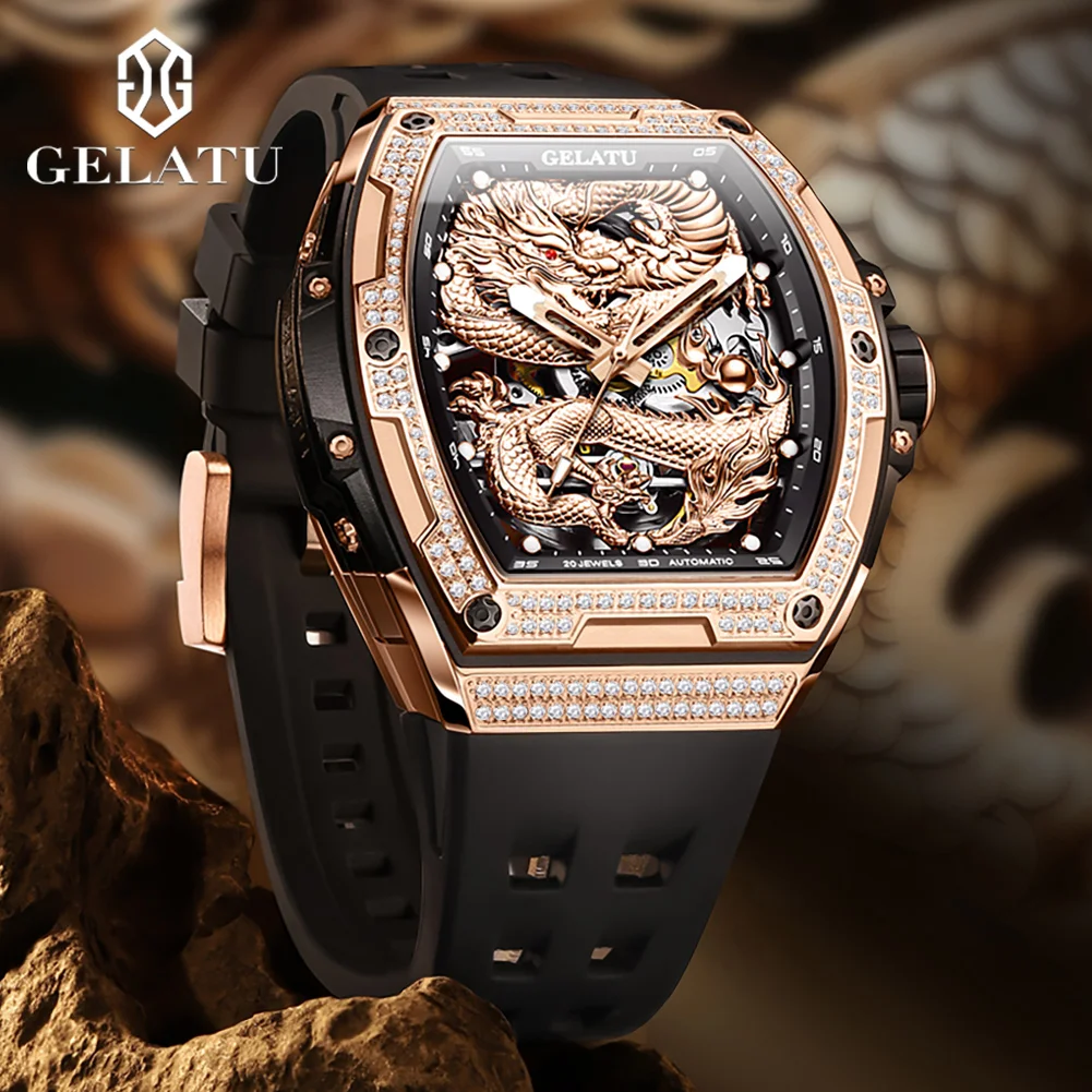 GELATU 6021 Full Diamond Watch Men Deep Waterproof 3D Skeleton Dragon Dial TOP Brand Automatic Mechanical Watch for Man NEW